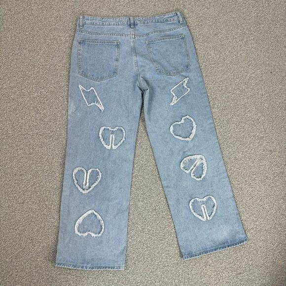 Q&J Patchwork Hearts Wide Leg High Rise Jeans Blue Large - Picture 4 of 12